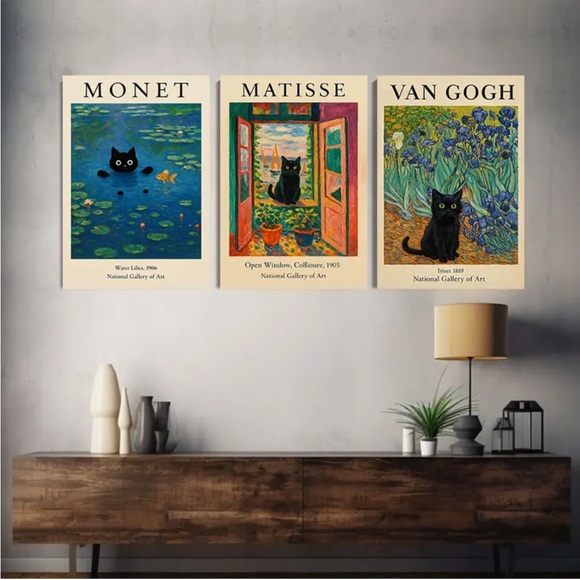 Set of 3 Black Cat Unframed Art Prints - Monet, Matisse, Van Gogh - Picture 3 of 11